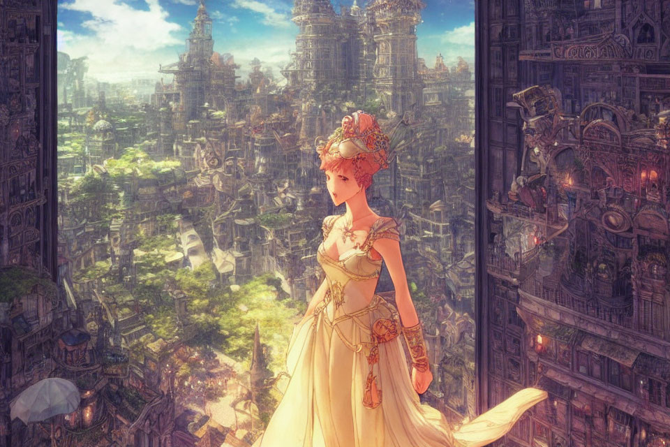 Fantasy woman in costume gazes at sunlit cityscape with flying vehicles