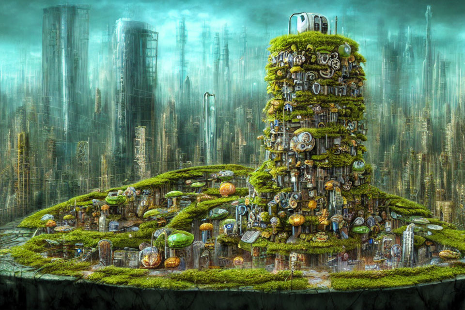 Verdant cylindrical building in futuristic green cityscape
