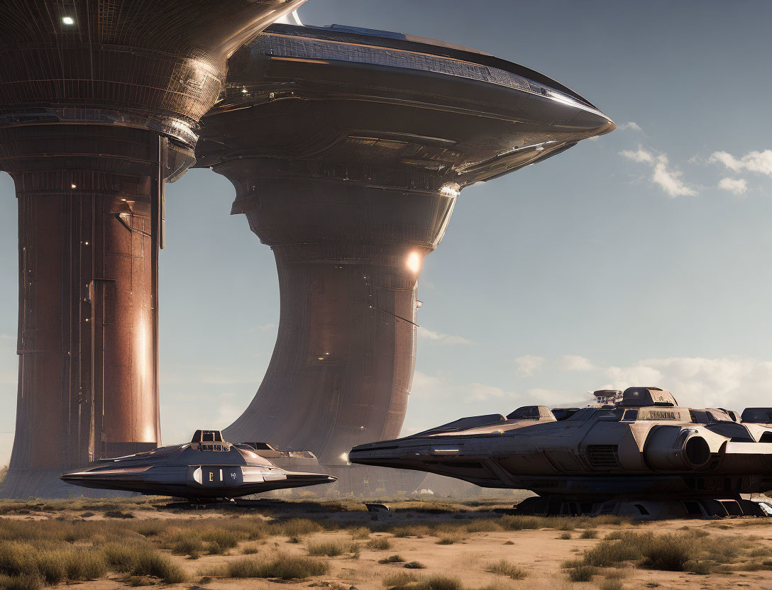 Futuristic ships on desert-like terrain with towering structures on alien planet