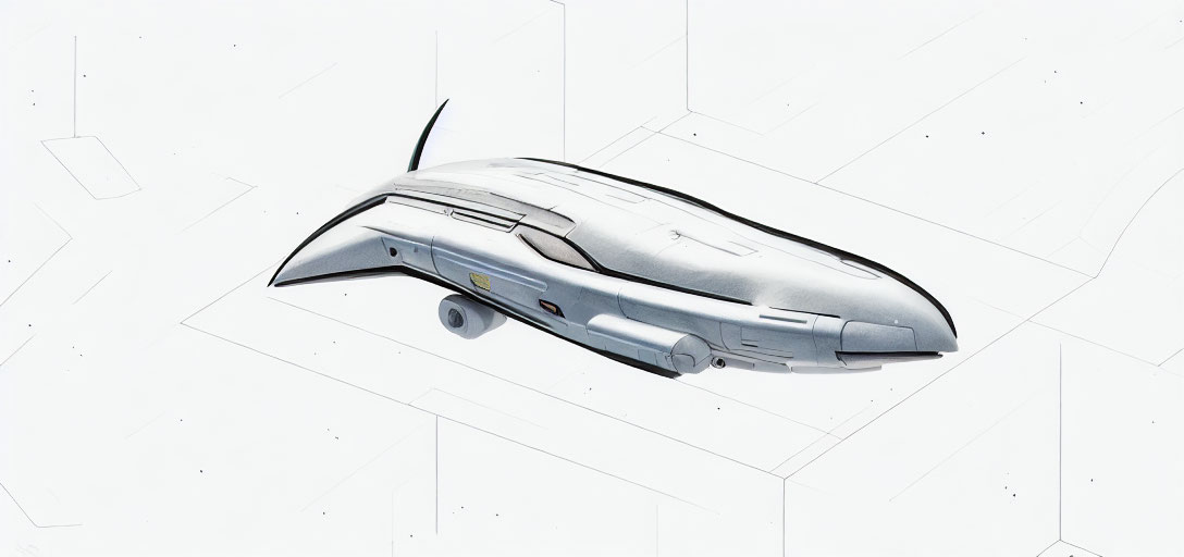 Futuristic spacecraft in flight against white background