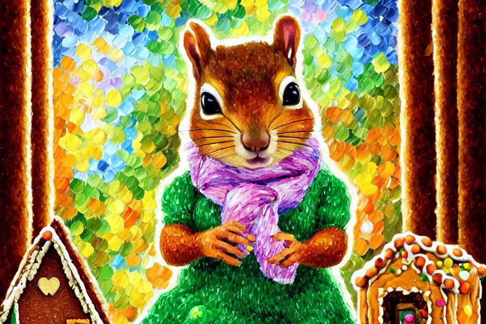 Illustrated squirrel in green sweater and purple scarf with colorful mosaic background and gingerbread houses.