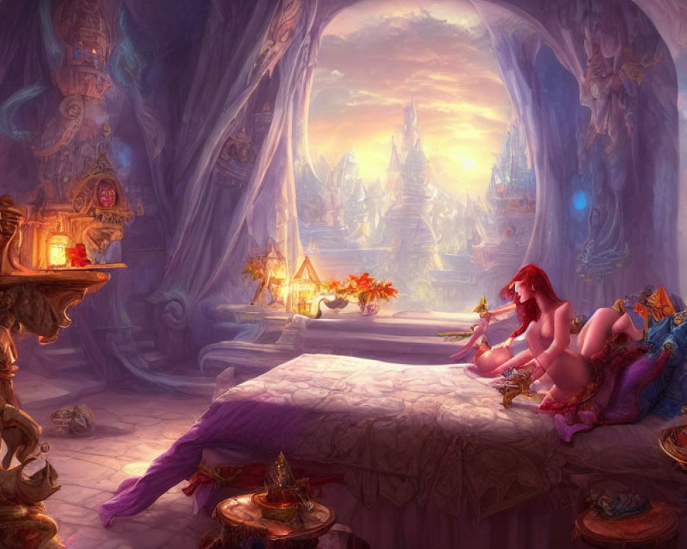 Red-haired woman in fantasy bedroom with magical cityscape view
