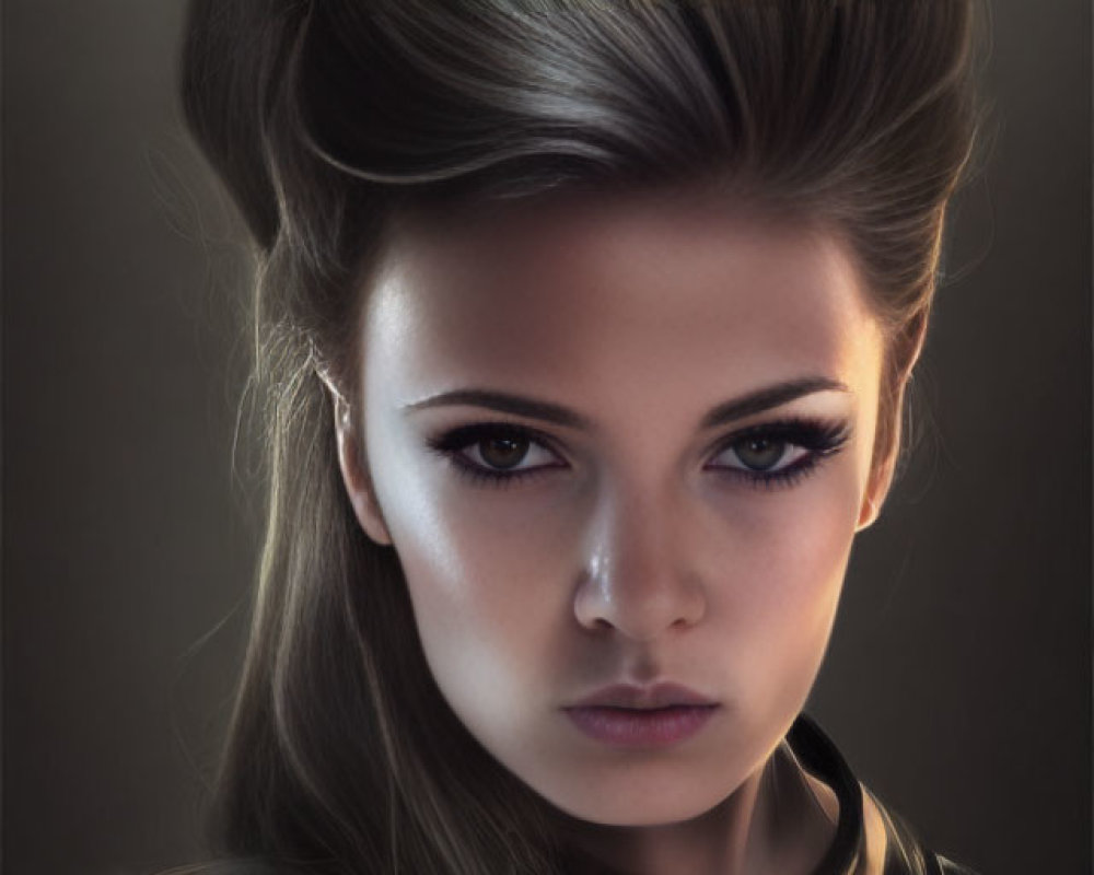 Detailed portrait of woman in futuristic armor with voluminous hair