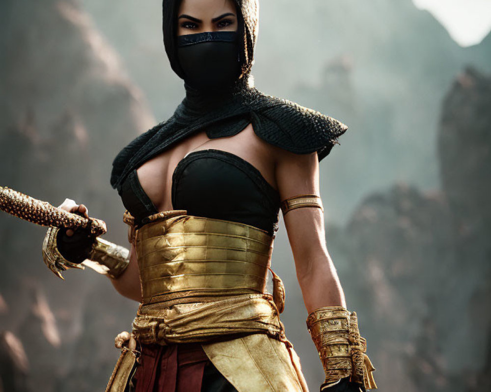 Warrior in black mask with sword against rocky mountain.