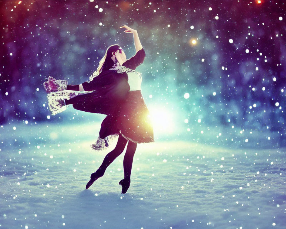 Person twirling in snow-covered landscape at dusk or dawn