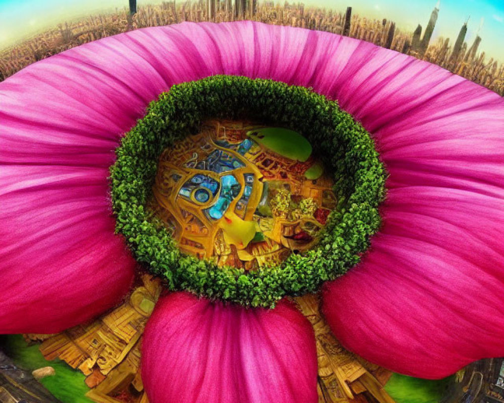 Circular cityscape around vibrant pink flower with skyscrapers