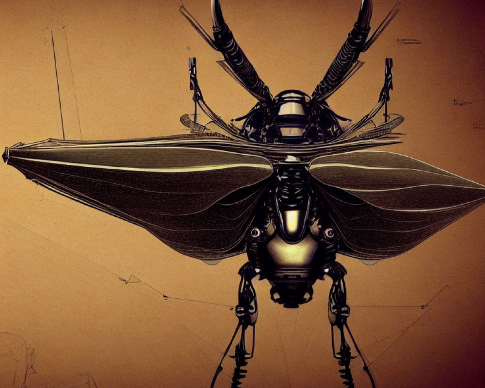 Detailed Concept Art of Mechanical Insect with Extended Wings and Antennae on Brown Background