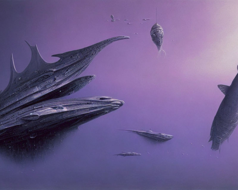 Whale-like Spaceships in Purple Sky with Small Vessel