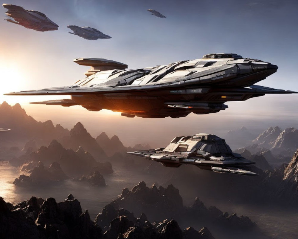Futuristic spaceships over rugged mountain landscape at sunrise.