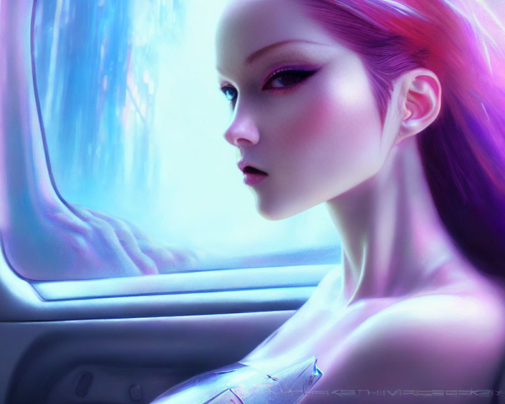 Digital artwork: Female character with purple hair gazing out of futuristic window with neon glow