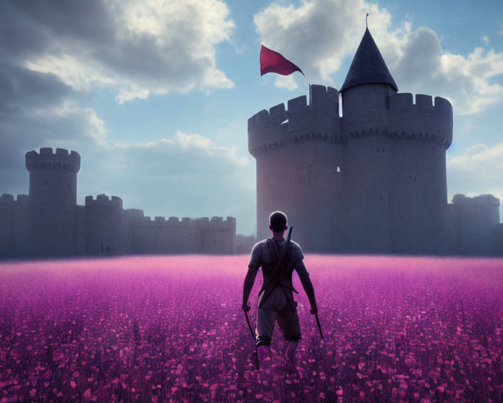 Medieval person in front of castle with towers and purple flowers under cloudy sky