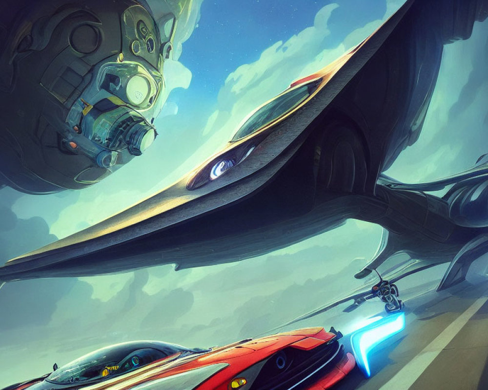 Futuristic race with sleek vehicles and blue energy beside a hovering spaceship