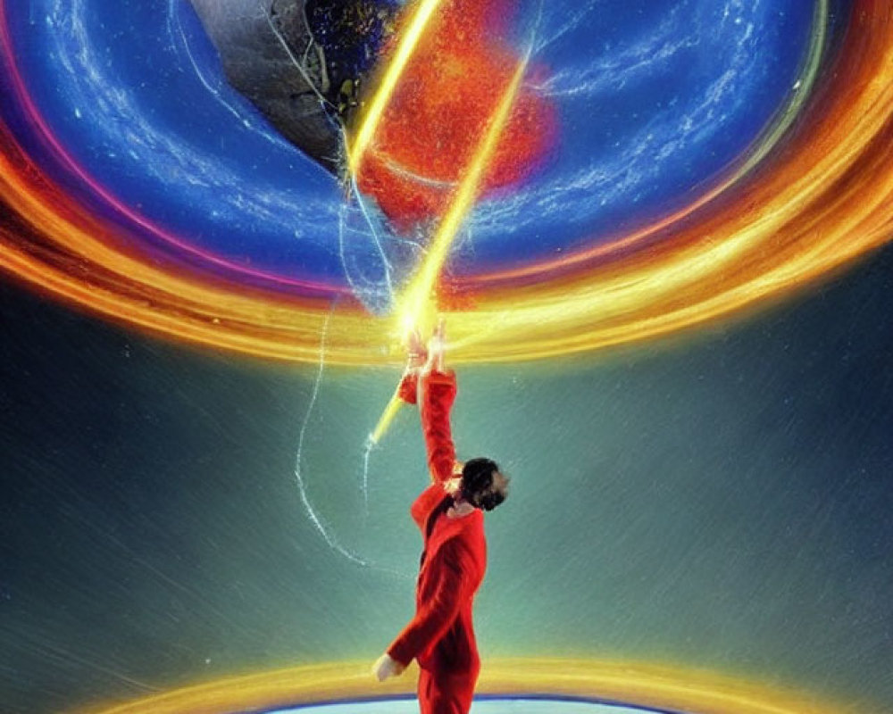 Person in red reaching towards cosmic scene with inverted Earth and lightning hands