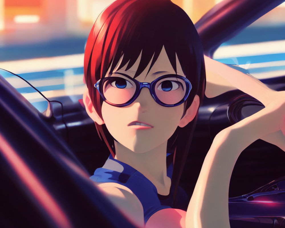 Red-Haired Animated Character with Glasses Driving a Car