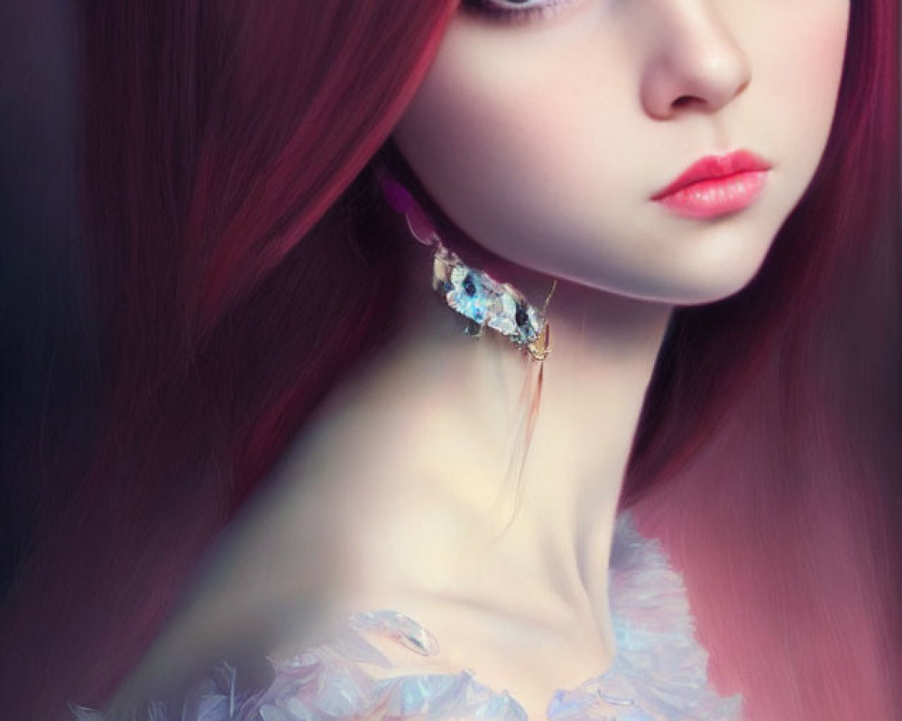 Portrait of a female character with big eyes, long pink hair, and elegant attire.
