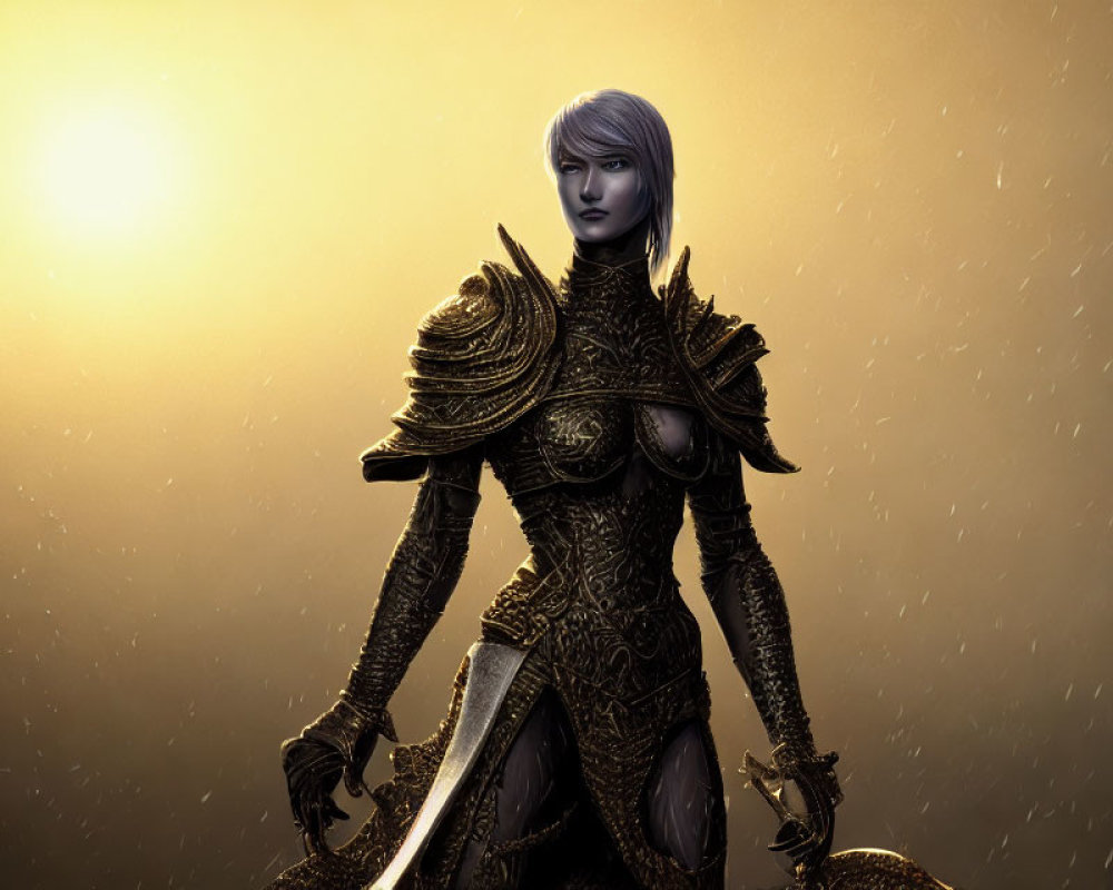 Purple-skinned armored female character in white hair against golden sunset.