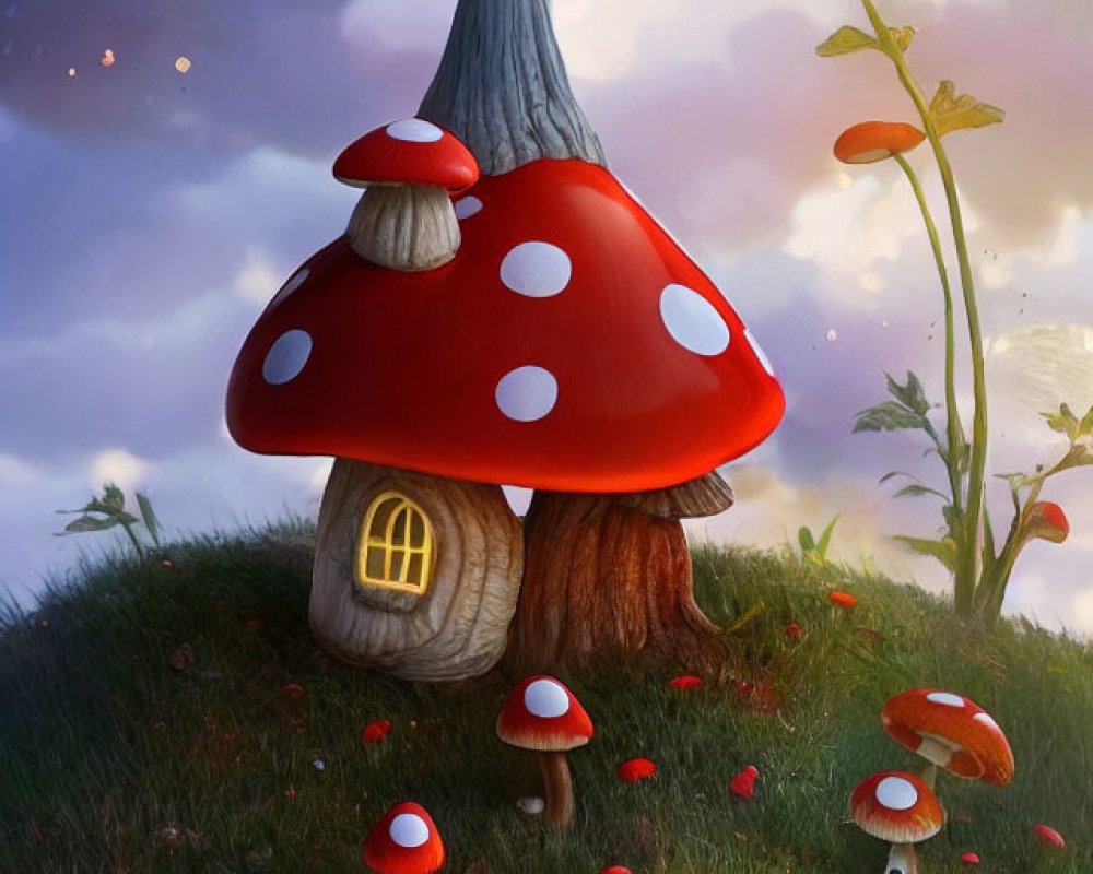 Whimsical mushroom house surrounded by lush greenery at twilight