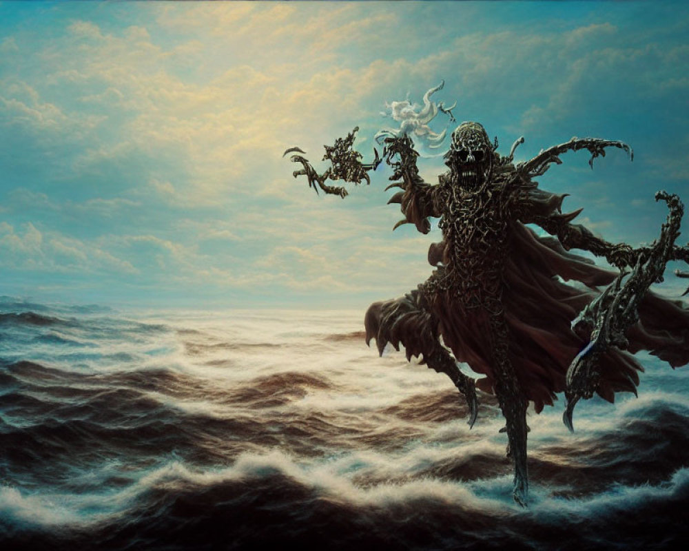 Armored figure floating above stormy ocean with ornate armor in dramatic scene