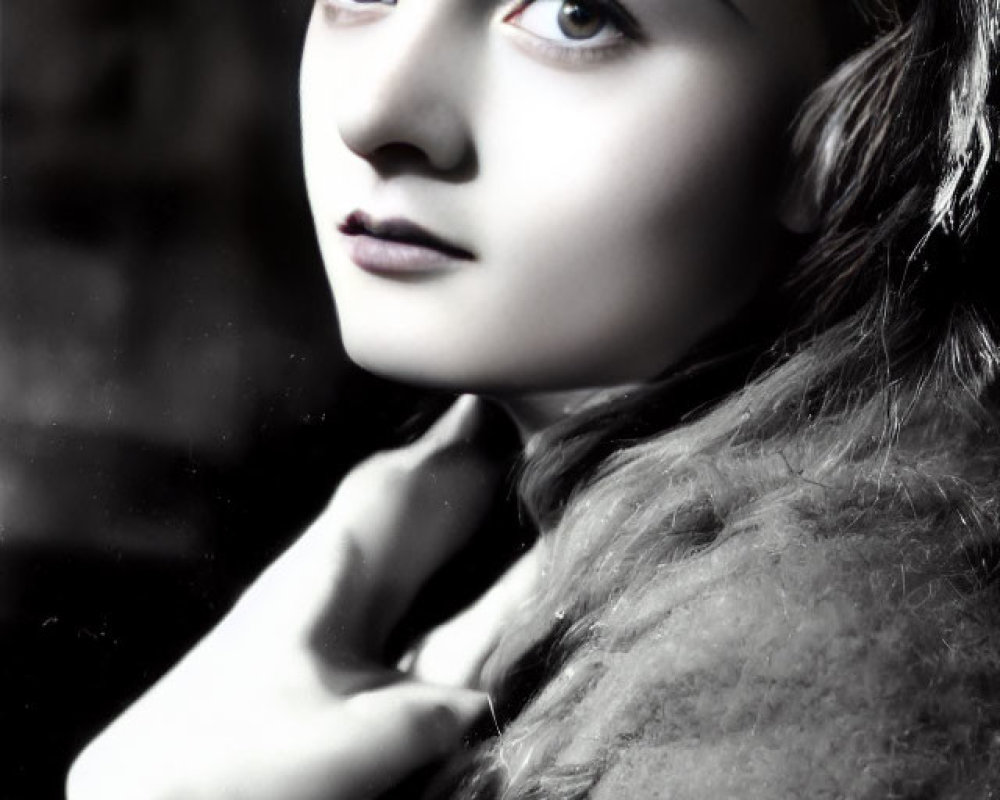 Monochrome portrait of young woman with red eyes and light orb.