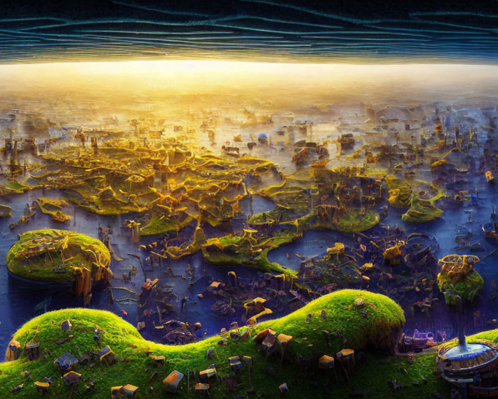Mystical landscape with luminous vegetation, floating islands, and ancient ruins beneath shimmering water