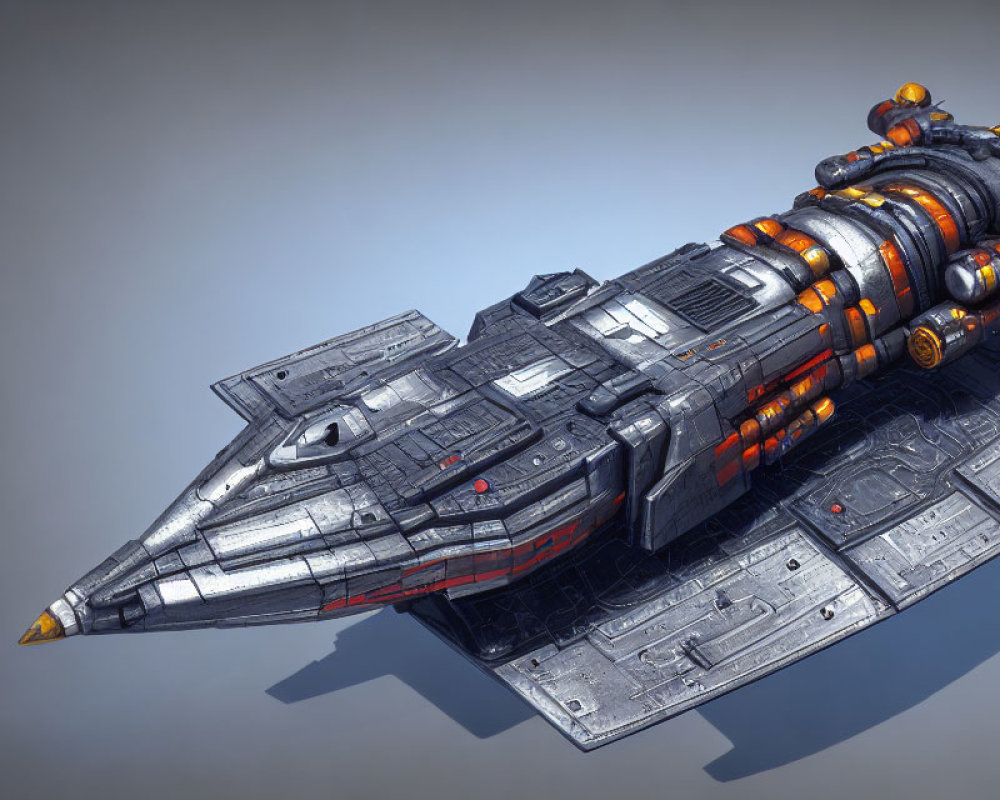 Detailed Futuristic Spaceship Model with Gray Metallic Plates and Orange Accents on Gradient Background