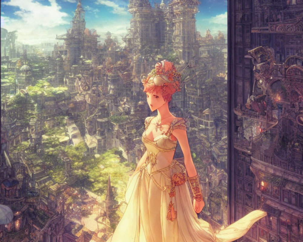 Fantasy woman in costume gazes at sunlit cityscape with flying vehicles