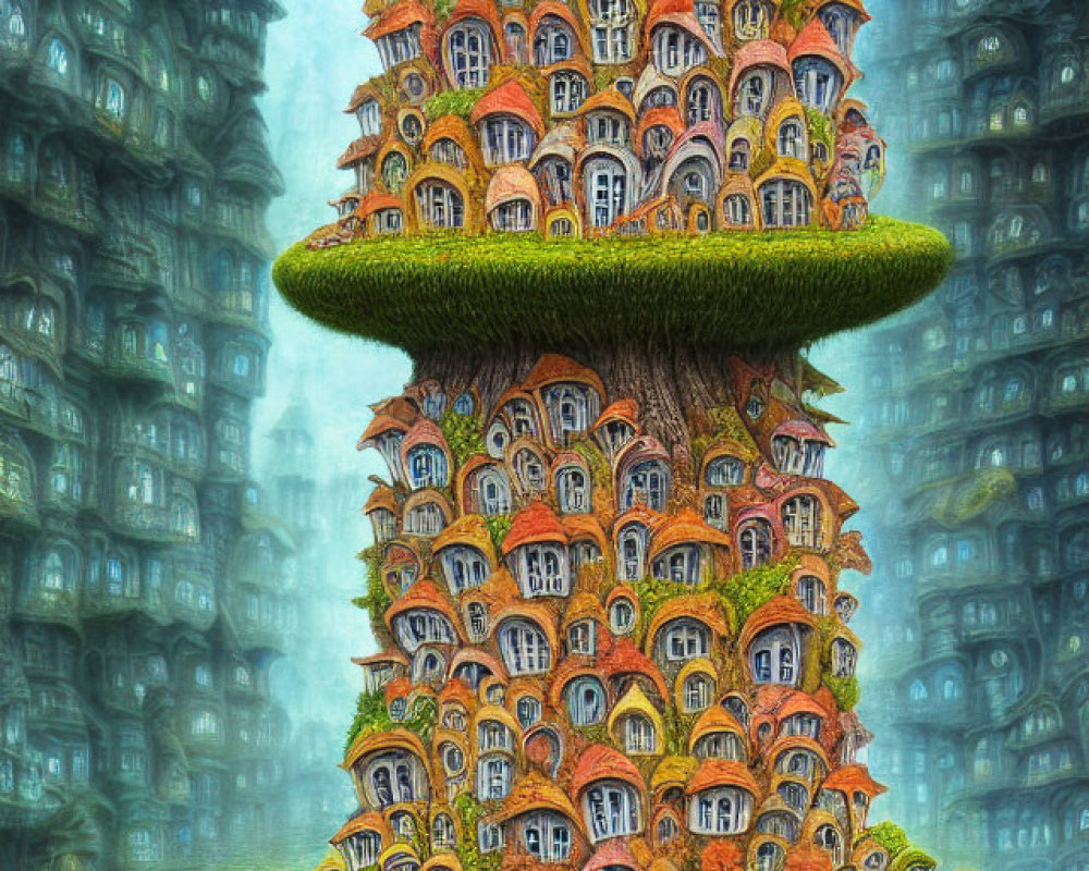 Fantastical tree with stacked houses in misty landscape