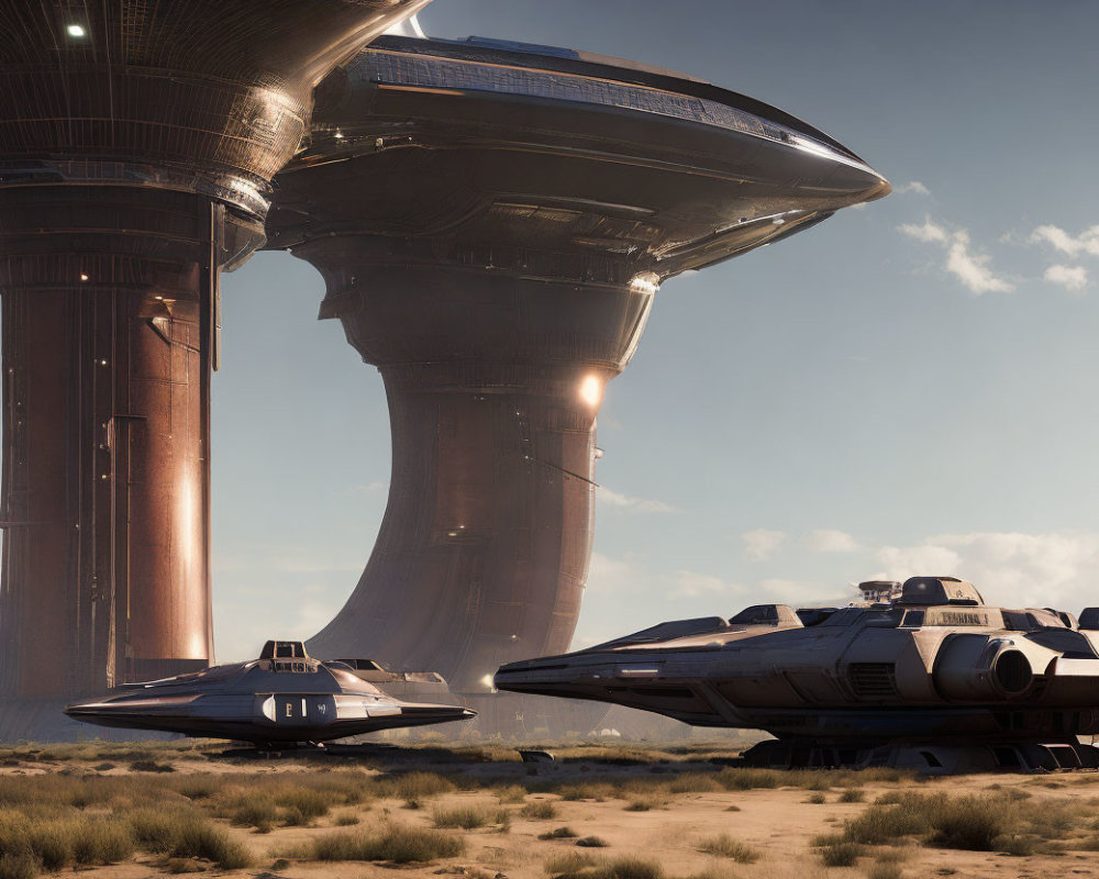 Futuristic ships on desert-like terrain with towering structures on alien planet