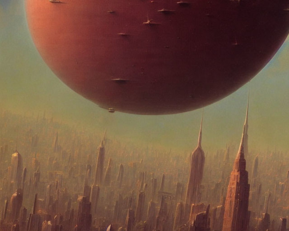 Futuristic cityscape with reddish planet, hovering spacecraft, and golden haze