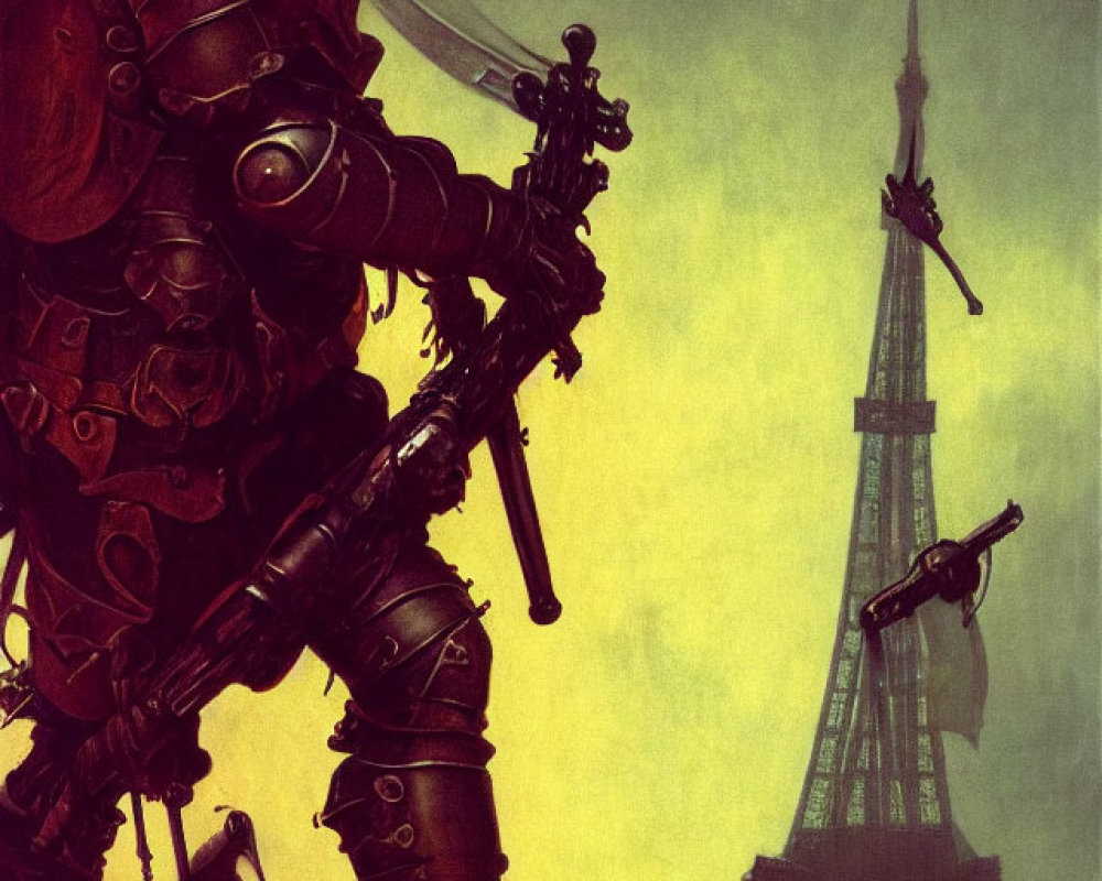 Futuristic knight in armor on building with distorted Eiffel Tower and dark silhouettes