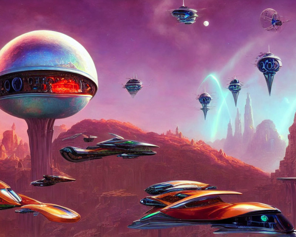 Futuristic ships near dome on rocky terrain under pink alien sky