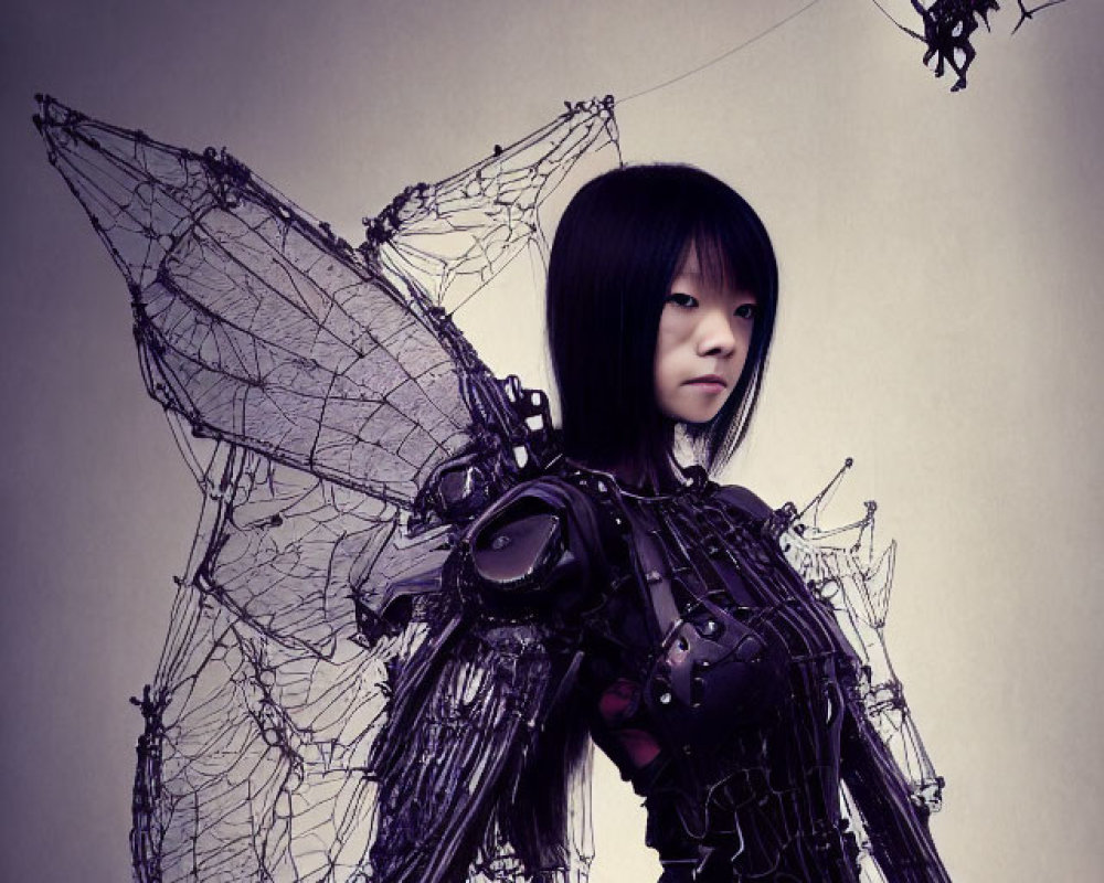 Intricate dark fairy costume with mechanical wings and flying machine on gradient backdrop