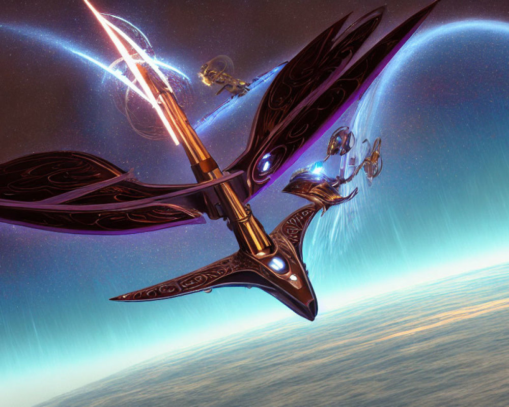 Futuristic spacecraft with decorative wings flying over a planet's curvature