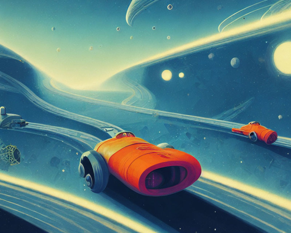 Futuristic spaceships racing in vibrant cosmic scene