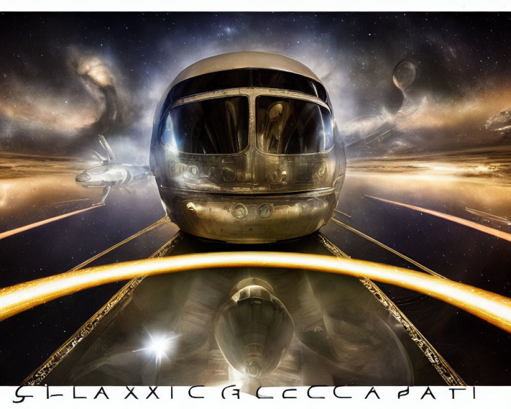 Reflective Futuristic Spacecraft on Cosmic Background with Stylized Text "Galaxic Occapat