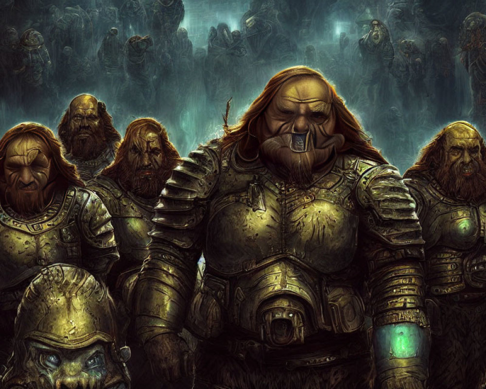 Group of armored dwarves with misty horde in epic fantasy setting
