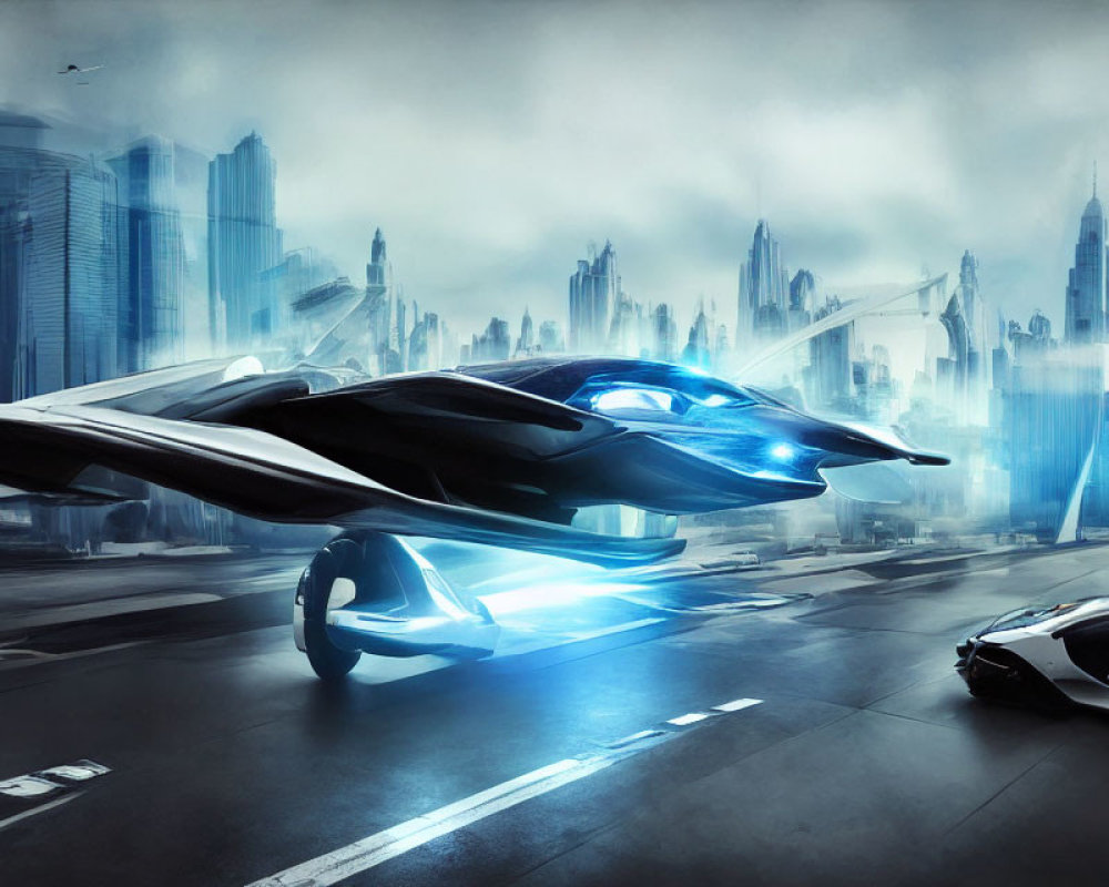 Futuristic cityscape with hover car amid towering skyscrapers