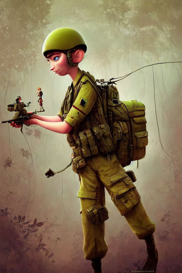 Soldier illustration with disproportionate features and tiny figure on finger in misty forest.