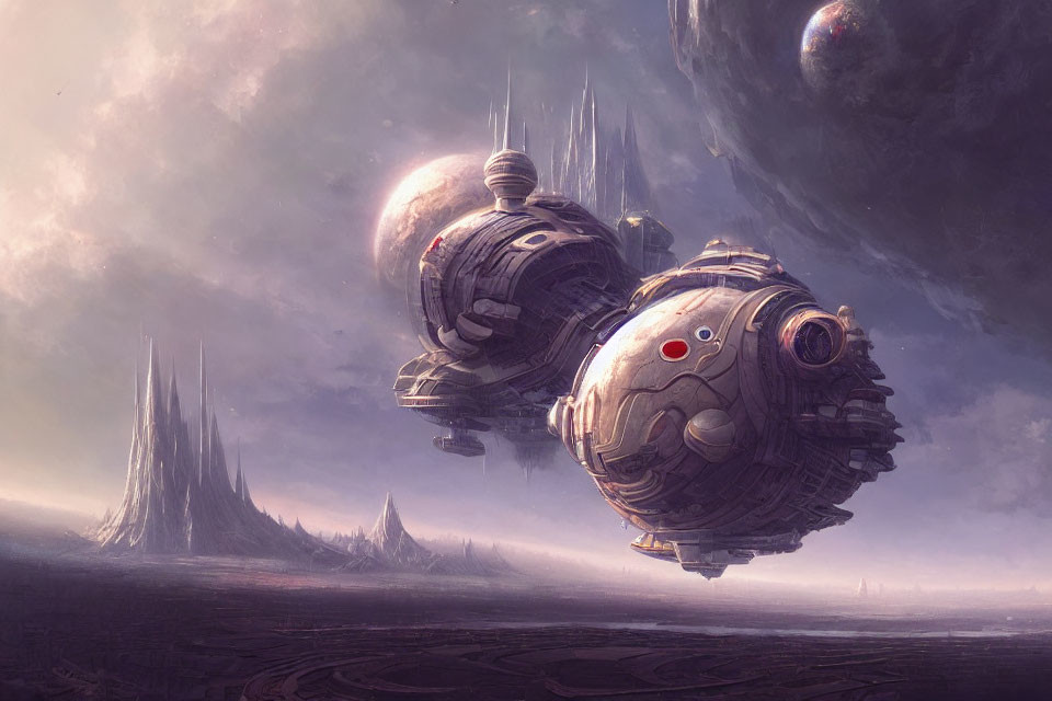 Two spherical spaceships over alien landscape with towering spires