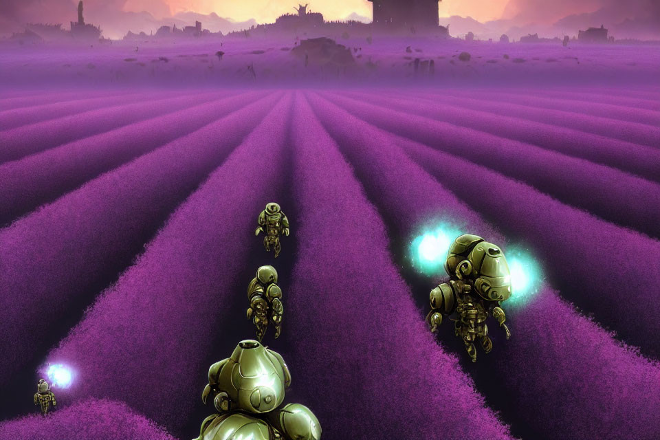Surreal landscape with purple plants, soldiers, and distant castles