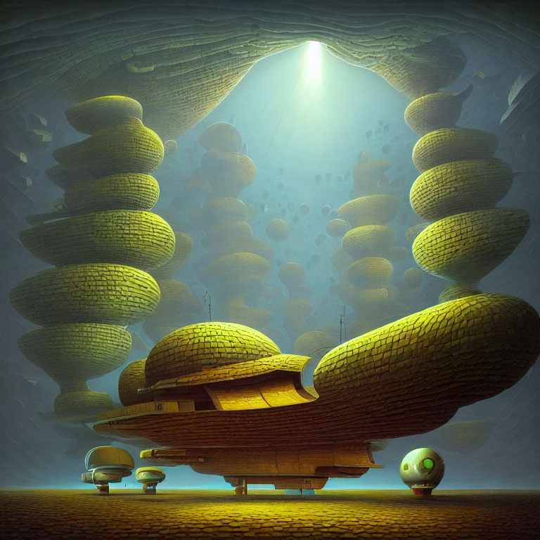 Underwater scene with sunbeams, spiral structures, turtle submarine, and robotic companion