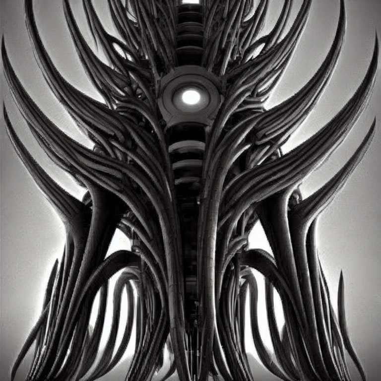 Monochrome symmetrical sculpture with elongated tendrils and illuminated orb