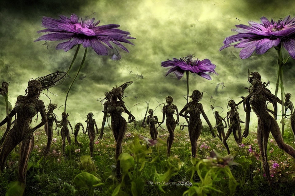 Fantastical humanoid figures in overgrown field with purple flowers under green sky