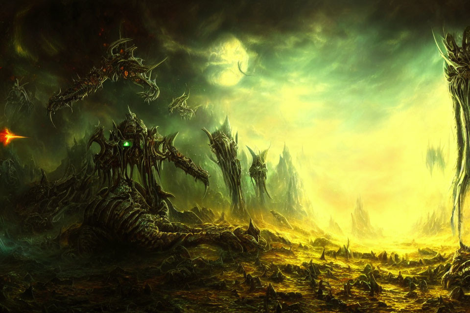 Eerie landscape with skeletal dragon-like creatures under stormy green sky