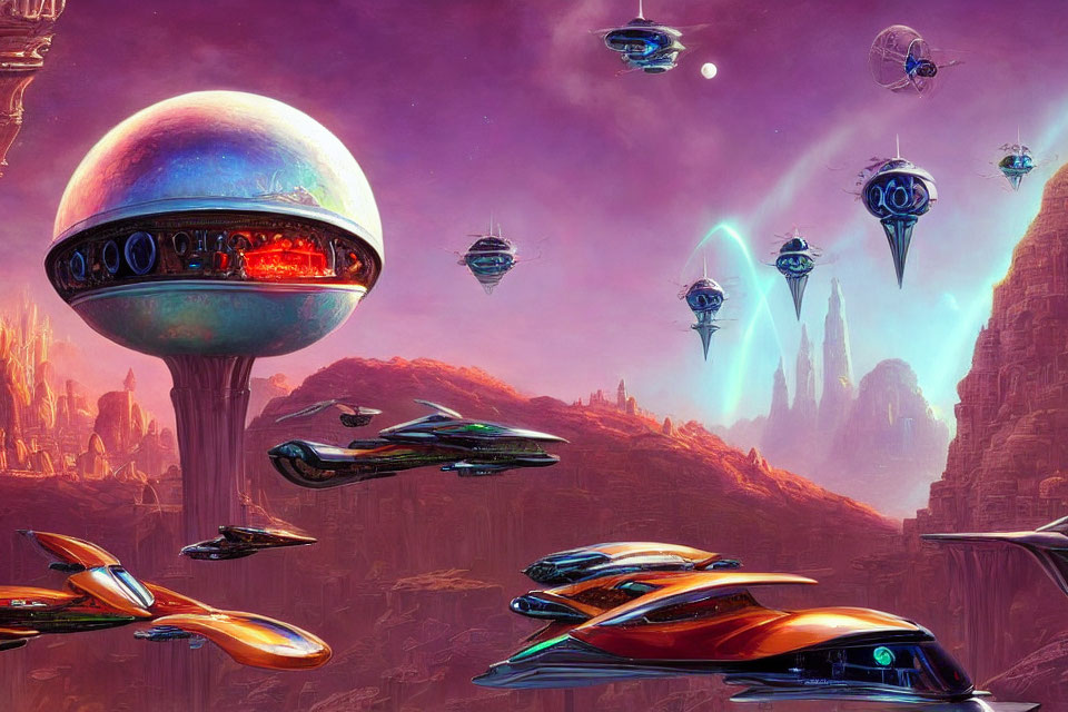 Futuristic ships near dome on rocky terrain under pink alien sky