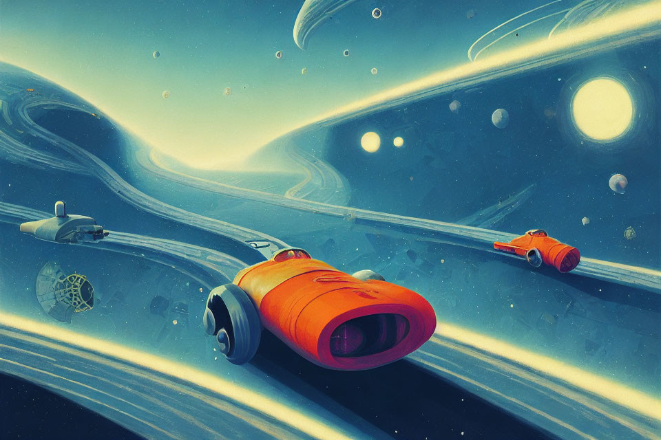 Futuristic spaceships racing in vibrant cosmic scene