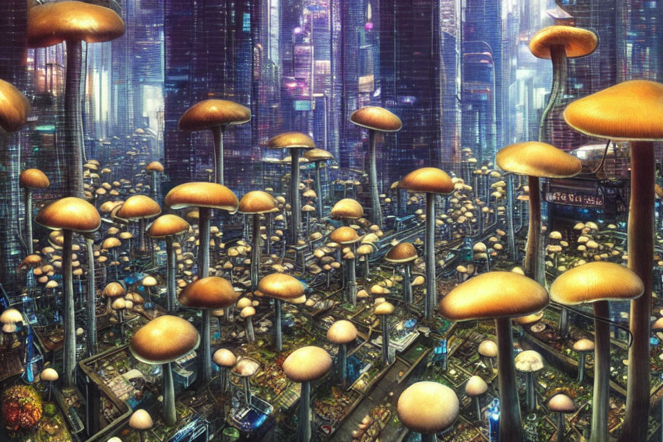 Futuristic cityscape with skyscrapers and oversized mushrooms in neon-lit ambiance