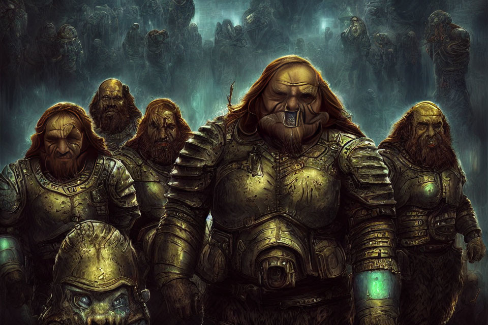 Group of armored dwarves with misty horde in epic fantasy setting