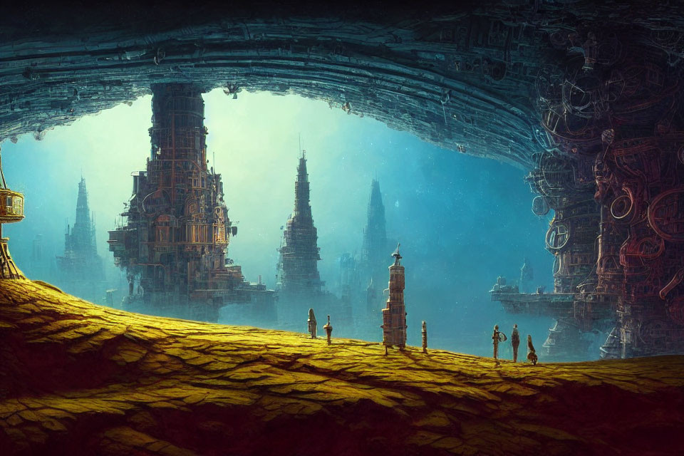 Majestic underground city with towering spires and warm glow viewed from a cave mouth.