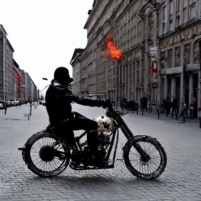 Custom motorcycle with flaming exhaust rides past classical architecture on cobblestone street